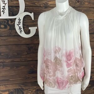 Belle France | Rose Floral Sheer Sleeveless Blouse High Neck Ruched Sheer Blouse